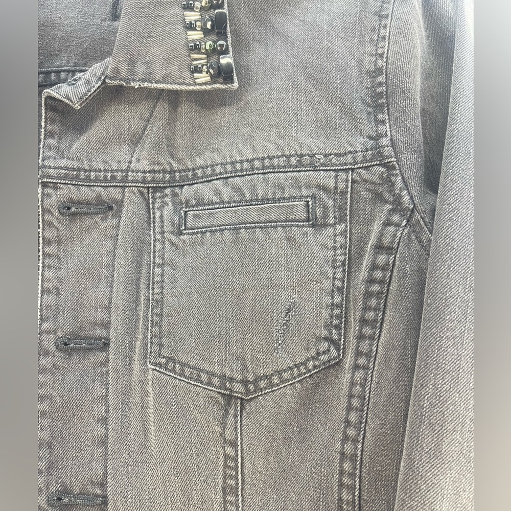 CAbi Jeans Black Distressed Jean Jacket with Beaded Collar Women’s Size Medium - Picture 9 of 16
